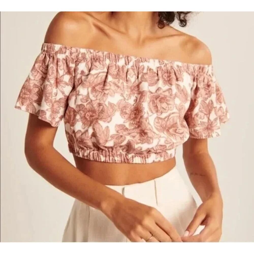 Abercrombie Fitch Off The Shoulders Crop Top Womens sizeM Tan Floral Linen Blend